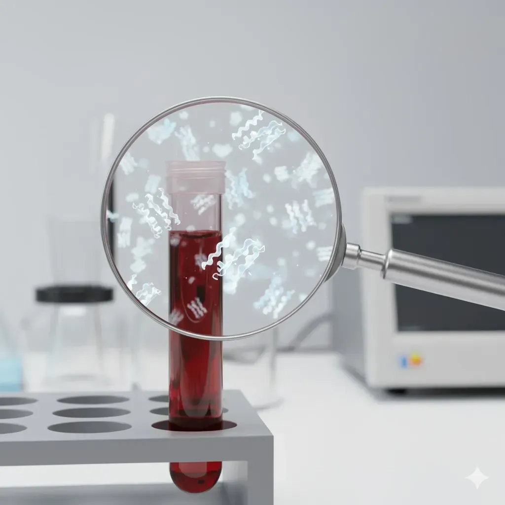A blood sample tube being examined in a laboratory