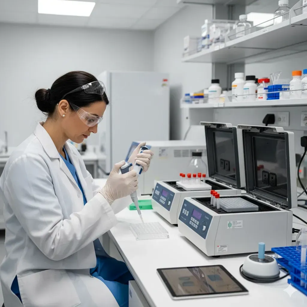 A scientist pipetting samples at a laboratory bench